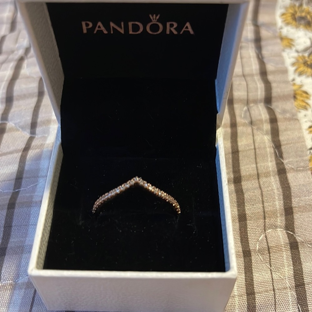 Pandora Sparkling Wishbone Ring Rose Gold Size 9.5